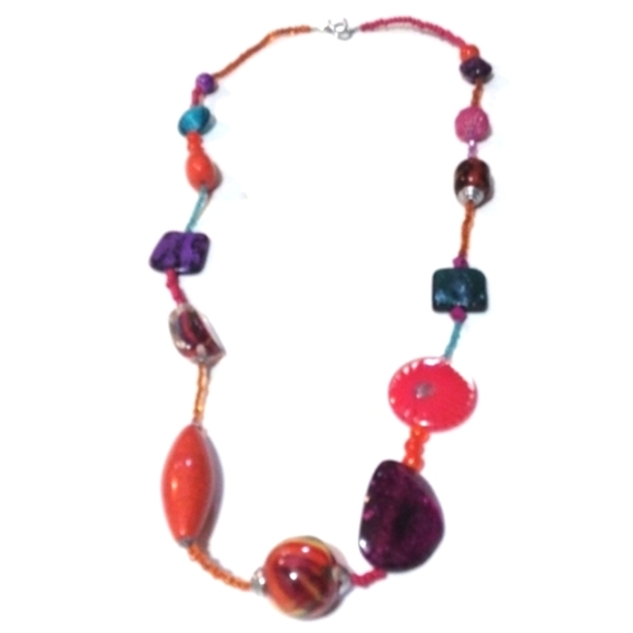 VINTAGE MULTICOLORED & MULTIBEADED LARGE STONES, BLOWN GLASS 36" NECKLACE - Picture 1 of 13